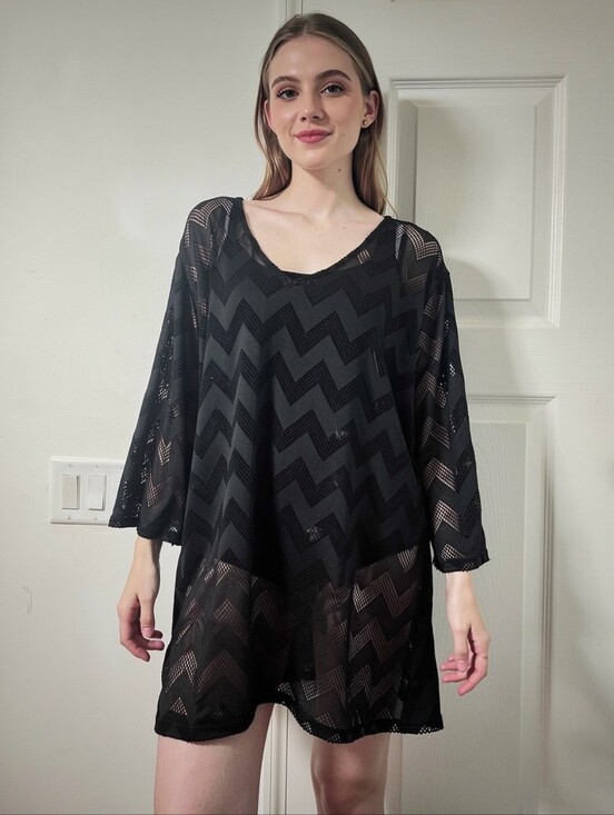 Swimsuits For All Other - Swimsuits For All Black Mesh Cover-Up with Chevron Texture